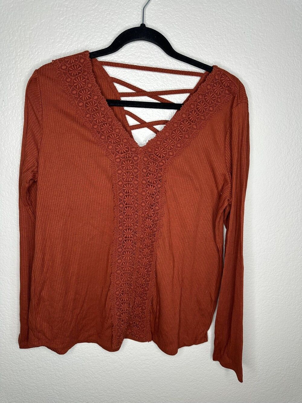 Maurices Shirt Womens XL Rust Orange Long Sleeve Lace Crochet Boho Pullover Top